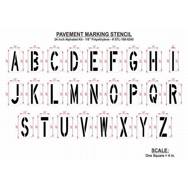 Pavement Stencil,24 In,Alphabet Kit,1/8, STL-108-8245