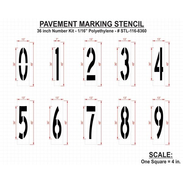 Pavement Stencil,36 In,Number Kit,1/16, STL-116-8360