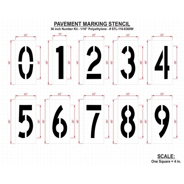 Pavement Stencil,36 In,Number Kit,1/16, STL-116-8360W