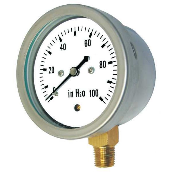 Pressure Gauge, 0 To 10 Oz/sq In, 1/2 In MNPT, Stainless Steel, Silver