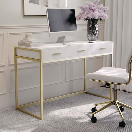Ollie Home Office Desk with 3 Drawers in White with Polished Brass Hardware