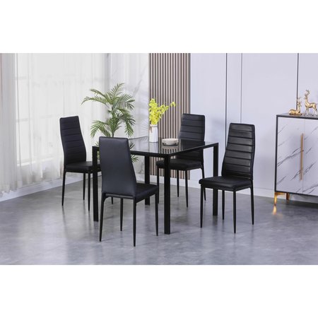 Dining Set, 37.75 in W, 40.25 in L, 11 in H, Metal, Glass, Leather Top -  HOMELEGANCE, HM4056BK-5PC