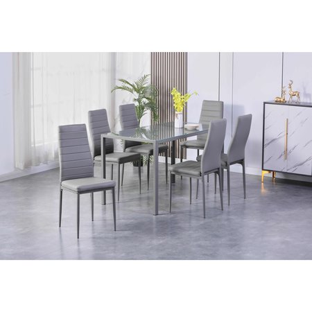 Dining Set, 34.25 in W, 57.75 in L, 9.25 in H, Metal, Glass, Leather Top -  HOMELEGANCE, HM4056GY-7PC