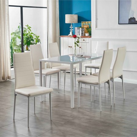 Dining Set, 34.25 in W, 57.75 in L, 9.25 in H, Metal, Glass, Leather Top -  HOMELEGANCE, HM4056WH-7PC