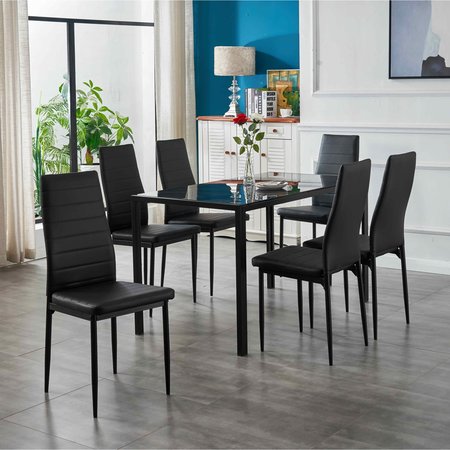 Dining Set, 34.25 in W, 57.75 in L, 9.25 in H, Metal, Glass, Leather Top -  HOMELEGANCE, HM4056BK-7PC