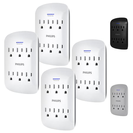 Philips 6-Outlet Surge Protector Tap, 900J, White, PK 4