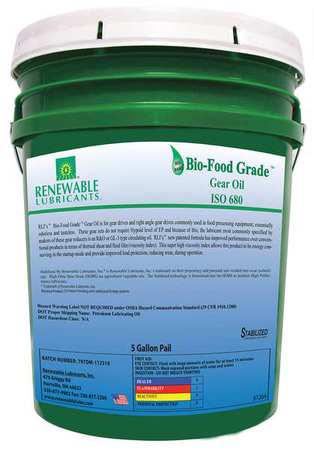 5 gal Bio-Food Grade Gear Oil Pail 680 ISO Viscosity, Light Amber -  RENEWABLE LUBRICANTS, 87284