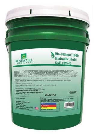 5 gal Bio-Ultimax 1000 Hydraulic Fluids Pail Not Specified SAE -  RENEWABLE LUBRICANTS, 81044