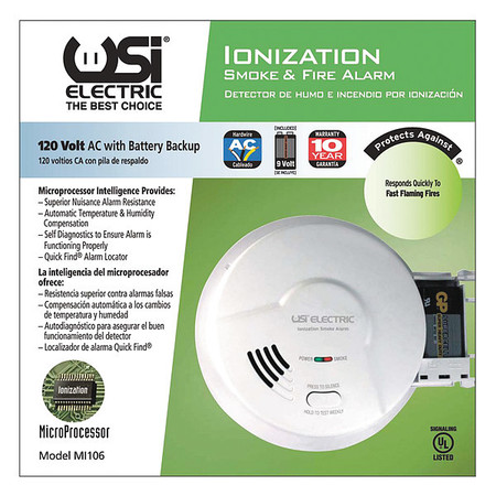 Ionization Smoke Alarm, Ionization Sensor, 85 dB @ 10 ft Audible Alert -  UNIVERSAL / USI ELECTRIC, MI106