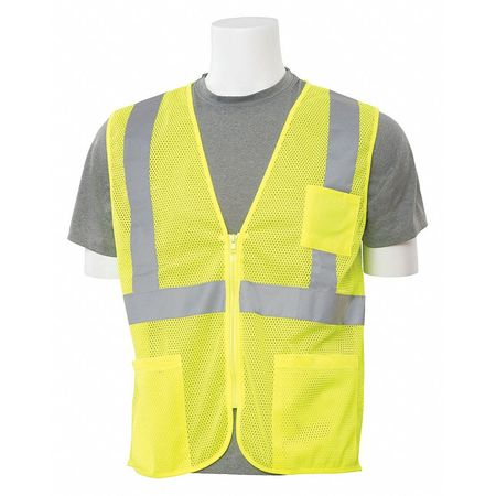 Economy Poly Mesh Safety Vest, ANSI Class 2, Zipper Closure, 3 Pockets, Hi-Viz Lime, XL -  ERB SAFETY