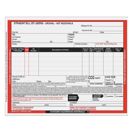 Jj Keller Hazmat Bill of Lading Forms, Hazmat, PK500 12463 | Zoro.com