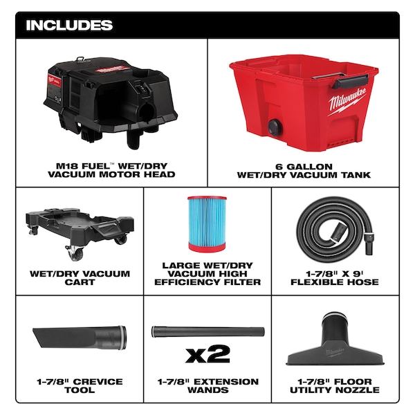 Milwaukee Tool 0910-20 M18 Fuel 6 Gallon Wet/Dry Shop Vacuum (Tool Only)