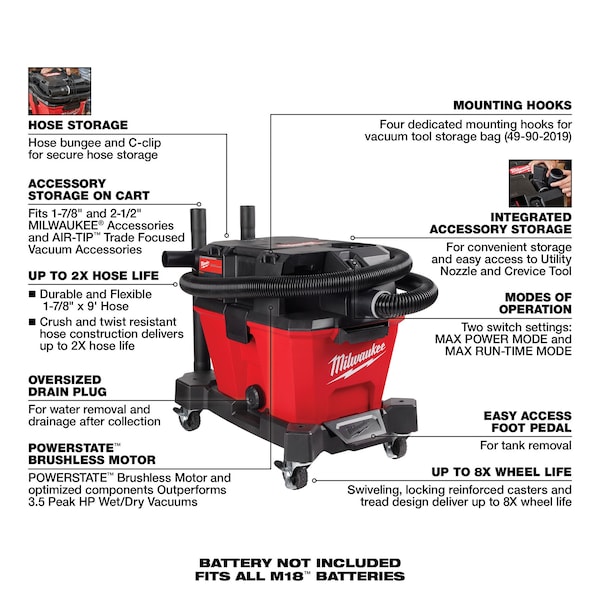 Milwaukee Tool 0910-20 M18 Fuel 6 Gallon Wet/Dry Shop Vacuum (Tool Only)