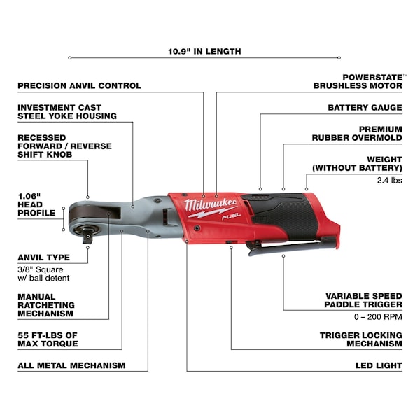 Milwaukee Tool 2557-20 12V 3/8 In (1) M12 Fuel 3/8 In Ratchet (Tool Only) (Mfr.