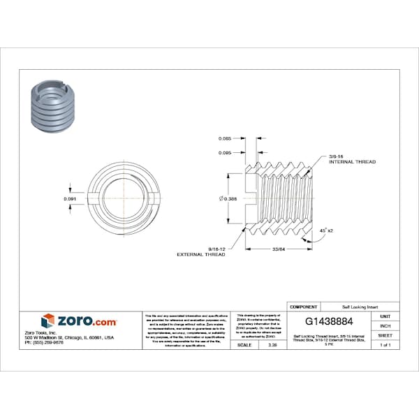 E-Z Lok 303-6-Pk5 Heavy Wall Self Locking Thread Insert, 3/8"-16 Int Thrd Sz,