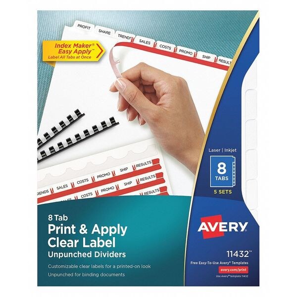 AVERY 11432 Print-On Clear Label, 8 Tab, Pk5 72782114329 | eBay