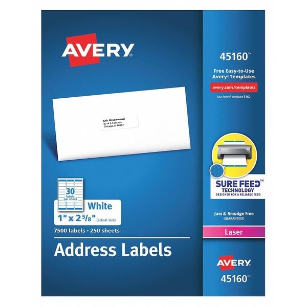 AVERY 45160 Label, Laser,30-Up,White,PK7500 72782451608 | eBay