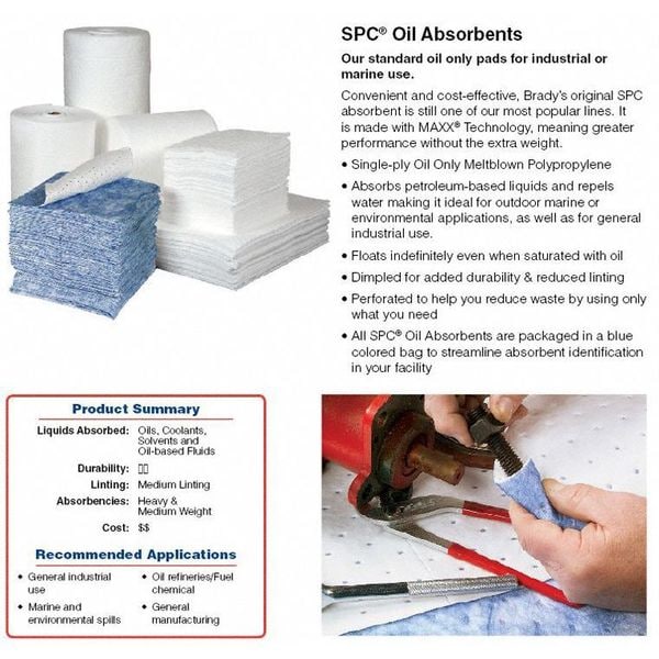 Brady Spc100 Sorbents, 35 Gal (Us), 15 In X 19 In, Oil, White, Polypropylene