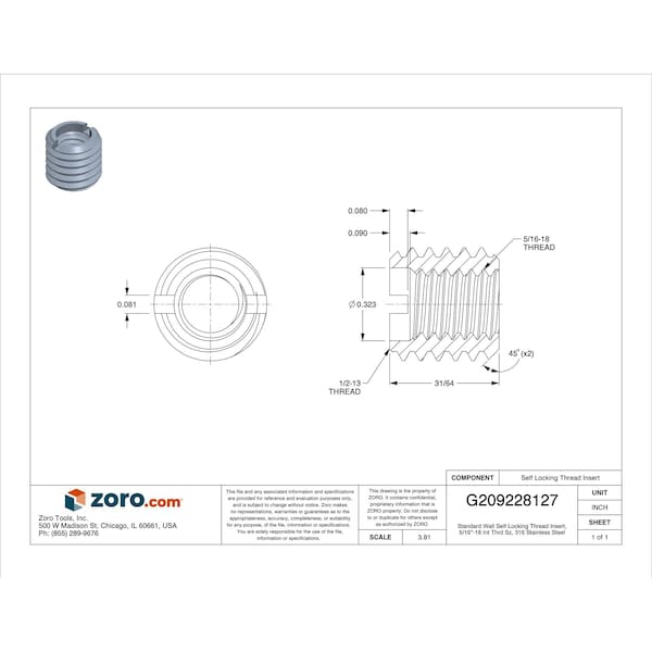 Standard Wall Self Locking Thread Insert, 5/16"-18 Int Thrd Sz, 316 Stainless